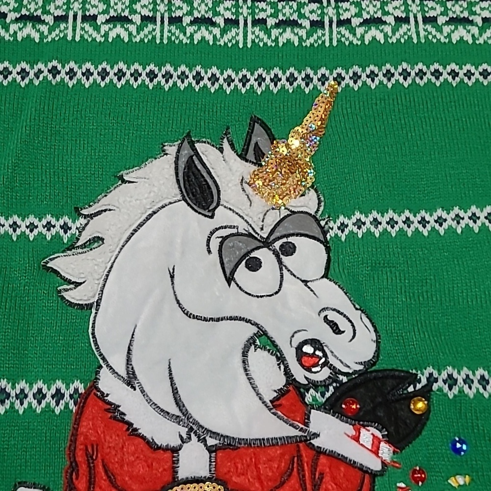 JOLLY SWEATERS EMBROIDERED UNICORN GOLD SEQUINS RHINESTONES CANDY CHRIST… - Picture 4 of 15